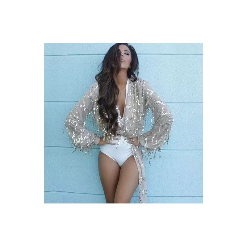 Lentejuelas Body Blanco Mujer Fiesta Body Plateado Brillo Manga