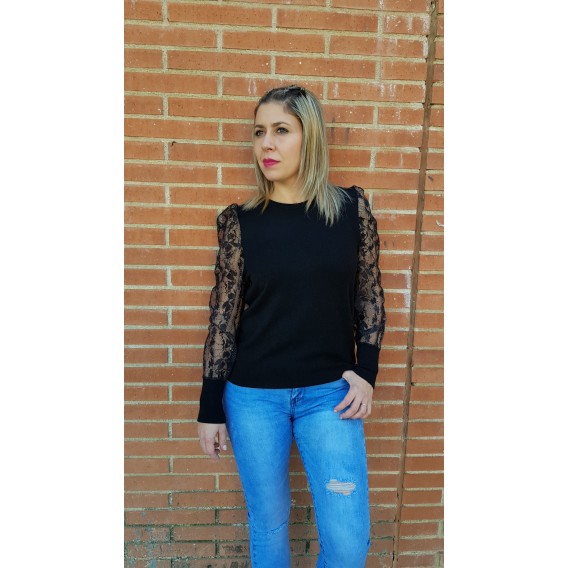JERSEY MANGAS ENCAJE NEGRO