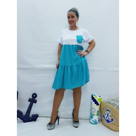 VESTIDO BICOLOR BOLSILLO AZUL