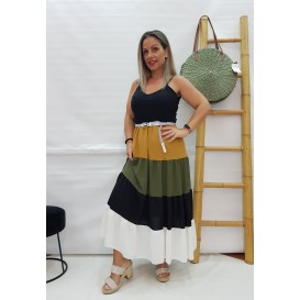 VESTIDO COMBINADO LARGO MOSTAZA