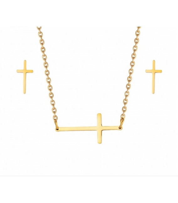 CONJUNTO COLGANTE Y PENDIENTES CRUZ DORADO