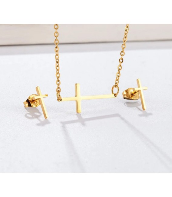 CONJUNTO COLGANTE Y PENDIENTES CRUZ DORADO